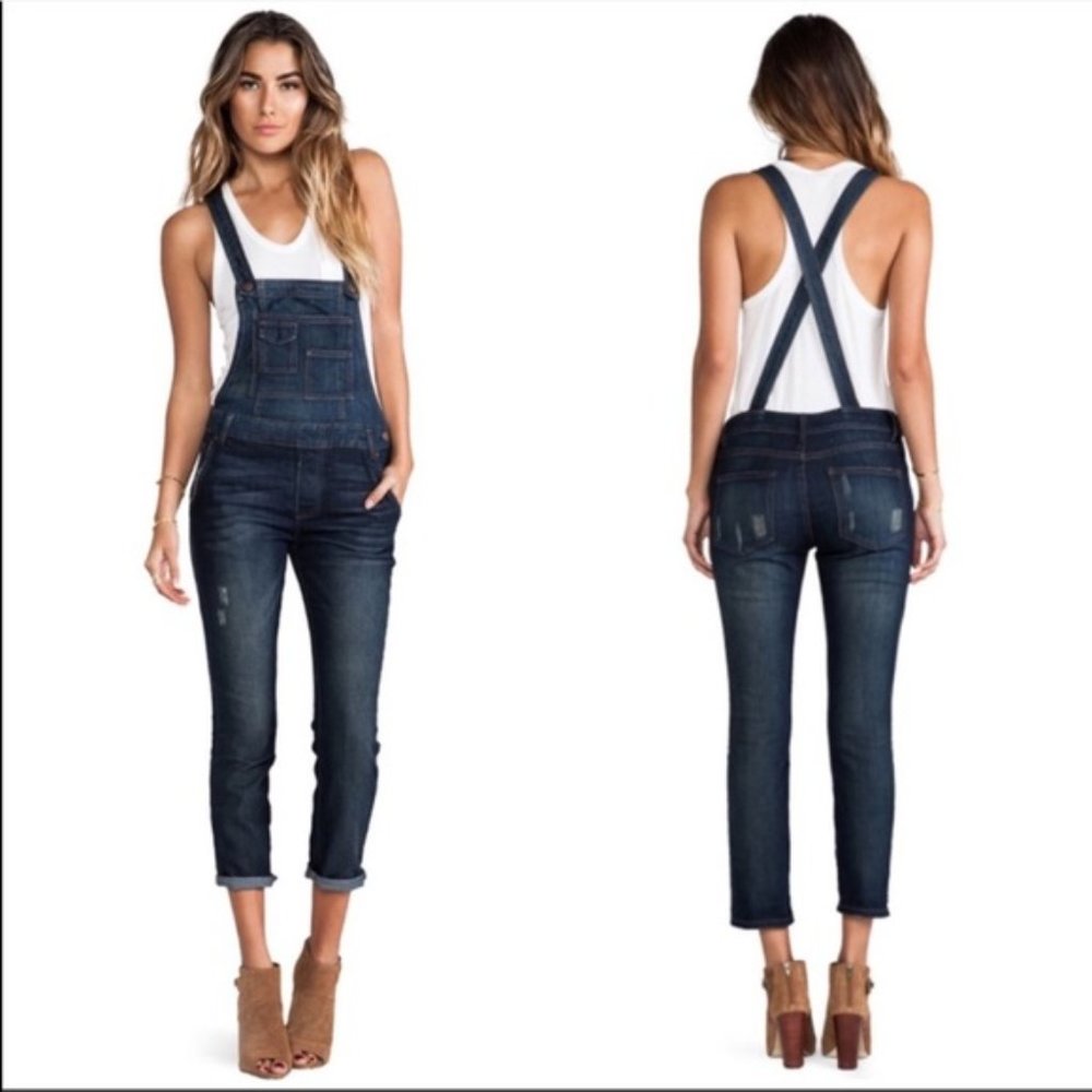 Free People Capri Denim Distressed Pocket Overalls 28
